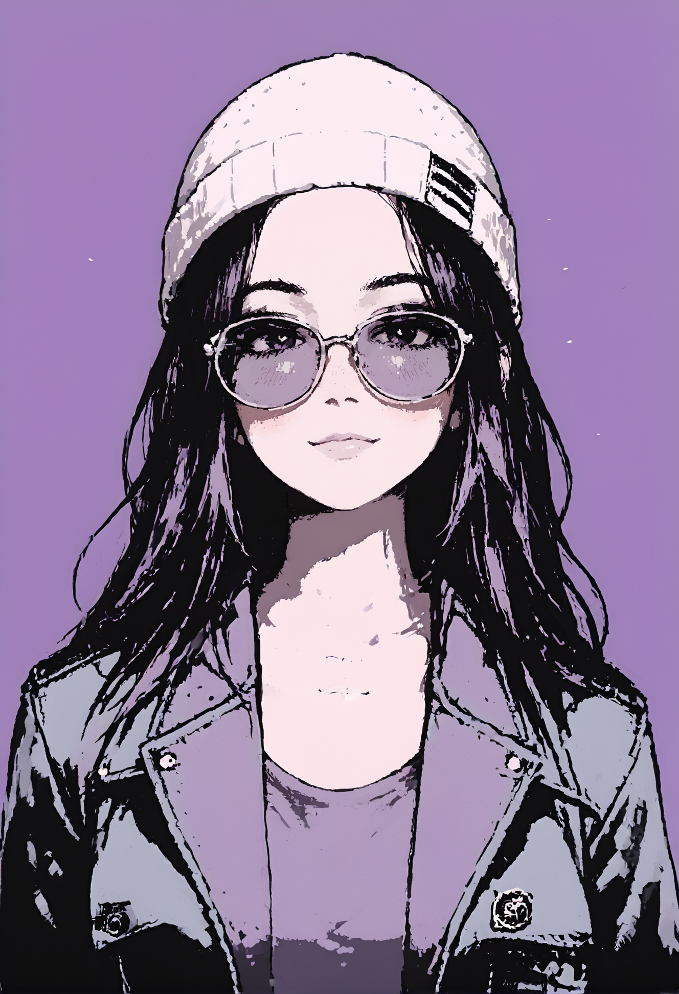 score_9, score_8_up, score_7_up, 1girl, portrait long hair, looking at viewer, beanie, sunglasses, jacket, shirt, purple theme, monochrome, smiling, closed mouth, blush, <lora:dcr34sed-c0l0ring-20:0.8>, dcr34sed_c0l0ring,