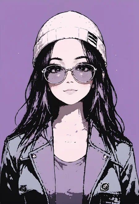 score_9, score_8_up, score_7_up, 1girl, portrait long hair, looking at viewer, beanie, sunglasses, jacket, shirt, purple theme, monochrome, smiling, closed mouth, blush, <lora:dcr34sed-c0l0ring-20:0.8>, dcr34sed_c0l0ring,