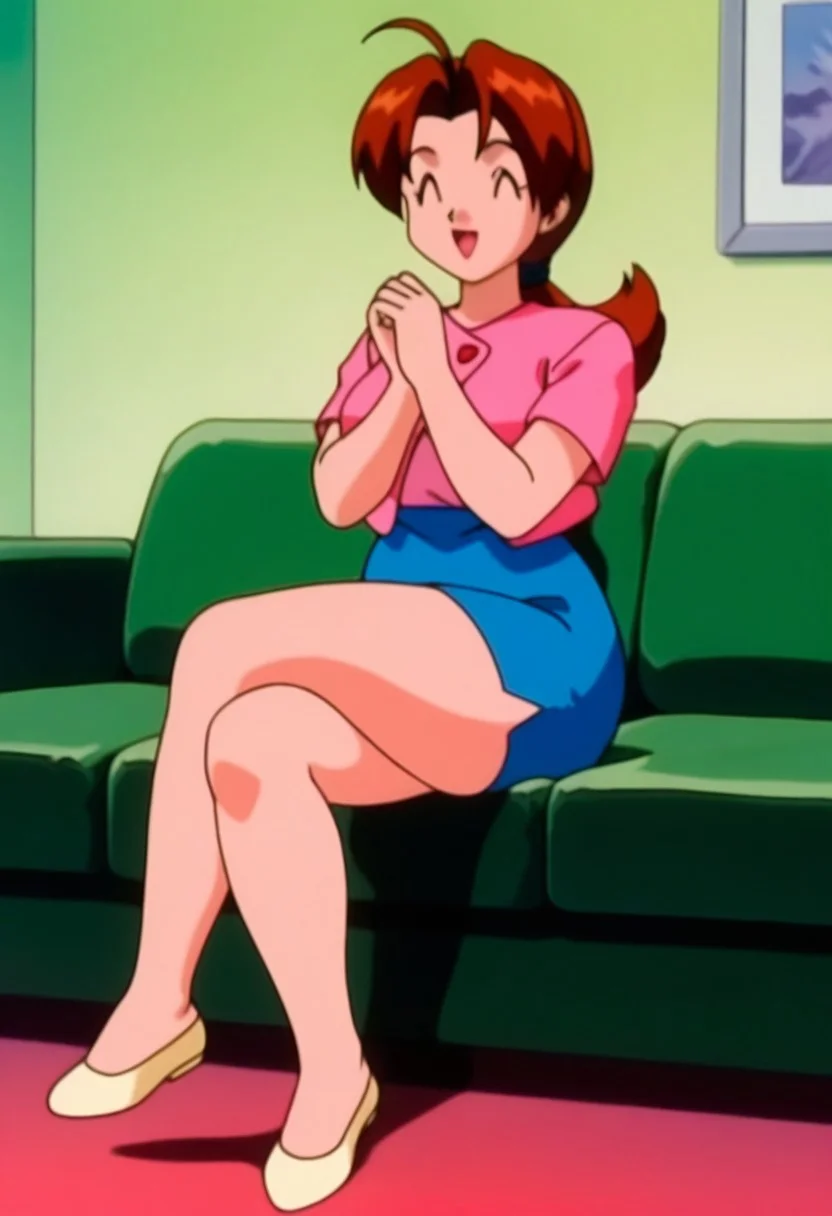 retro artstyle, 1990s \(style\), pokemon \(classic anime\), deliaca, 1girl, solo, brown eyes, long hair, looking at viewer, skirt, brown hair, jacket, full body, ahoge, ponytail, short sleeves, shoes, parted bangs, blue skirt, white footwear,pencil skirt, pink jacket, retro artstyle, shirt, jewelry, indoors, pink shirt, mature female, delia ketchum, thick thighs, wide hips, curvy, large breasts, saggy breasts, sitting on couch, crossed legs, own hands together, :d, hands up, ^_^, hair intakes, happy,
<lora:Delia_Ketchump_Classic_Anime:1>