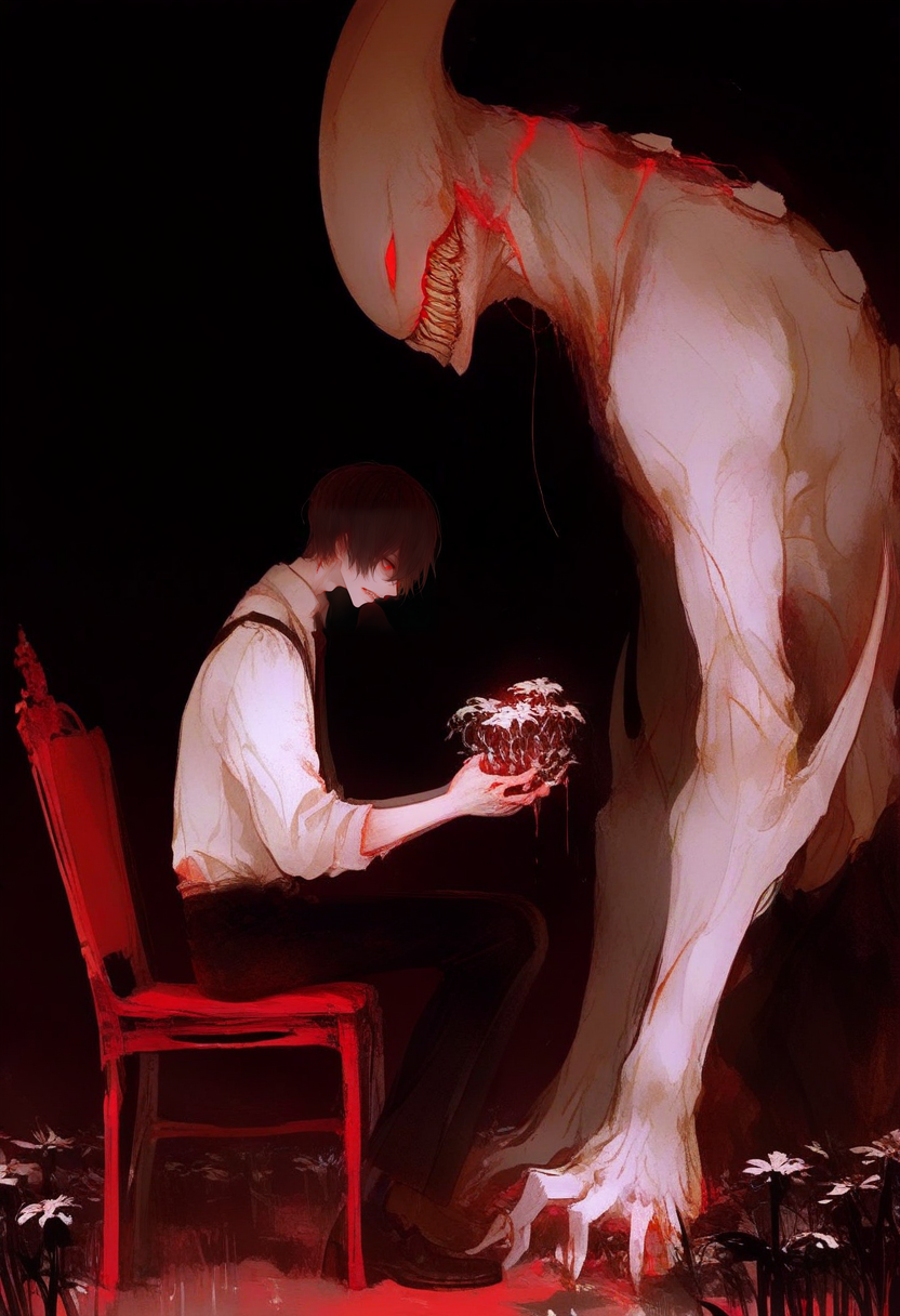 sitting, black pants, shirt, pants, teeth, white shirt, chair, 1boy, short hair, blood, red eyes, sharp teeth, black necktie, monster, male focus, flower, glowing, necktie, black hair, dark background, collared shirt, black background, from side <lora:748cmXL_NBVP1_lokr_V6311PZ:0.95>