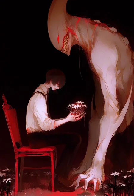 sitting, black pants, shirt, pants, teeth, white shirt, chair, 1boy, short hair, blood, red eyes, sharp teeth, black necktie, monster, male focus, flower, glowing, necktie, black hair, dark background, collared shirt, black background, from side <lora:748cmXL_NBVP1_lokr_V6311PZ:0.95>
