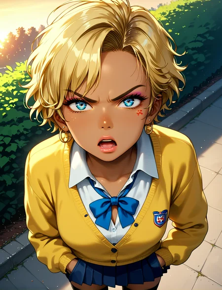 score_9, score_8_up, score_7_up, from above, solo, fisheye,
1girl, gyaru, kogal, cardigan, neck ribbon, miniskirt, dark skin, tomboy, pleated skirt, black legwear, leggings, blonde, pout, pouty lips, white leg warmers, narrowed eyes, hand up, pointing at viewer, open mouth, angry, anger vein,
evening, sunset, park, hands in pockets,
d3t41l3d, halfone effect, retro artstyle, gh1bl1,
<lora:d3t41l3dXLP:0.6>, <lora:gh1bl1XLP:0.8>
