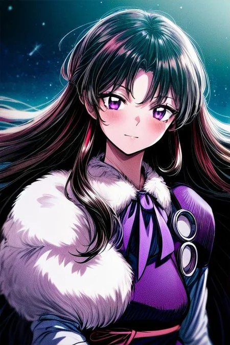 masterpiece, best quality 1girl Setsun4 solo long hair, (night time) forest background black hair very long hair purple eyes multicolored hair armor (fur trim) (medium body),<lora:EMS-179-EMS:0.800000>,<lora:EMS-293862-EMS:0.800000> bow, hair_bow, hair_tubes, red_bow, brown_hair, long_hair, bangs, ascot, frilled_bow, yellow_ascot, blush, smile, hair_between_eyes, athletic