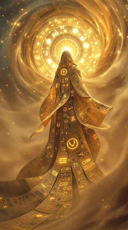 A time-weaver stitched from ancient papyrus scrolls and glowing glyphs, wearing an endless robe that flows backward through time, swirling dust storm of forgotten memories, Egyptian cyberpunk myth fusion, cinematic desert dream