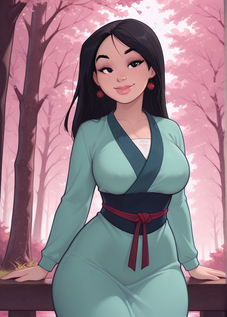 melkor_style,
masterpiece, best quality, amazing quality, very aesthetic, absurdres, newest, detailed background, cowboy shot, 4k, 8k, forest, cherry tree,
mulanxd, 1girl, solo, black hair, black eyes, dress, long hair, long sleeves, green japanese clothes, lips, wide hips, large breasts, looking at viewer, smile, sexy, seductive,
<lora:Mulan_-_Disney_Illustrious:1>,
 <lora:Melkor_V4_Illustrious:1>