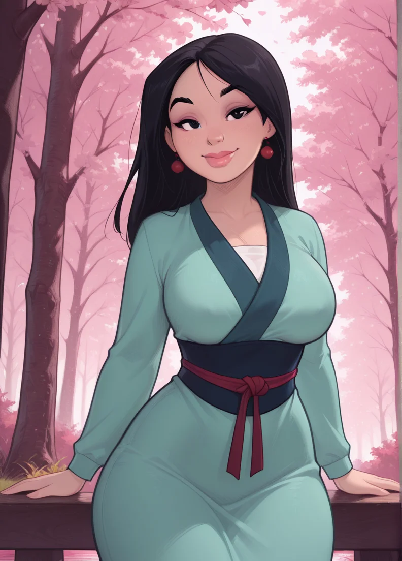 melkor_style,
masterpiece, best quality, amazing quality, very aesthetic, absurdres, newest, detailed background, cowboy shot, 4k, 8k, forest, cherry tree,
mulanxd, 1girl, solo, black hair, black eyes, dress, long hair, long sleeves, green japanese clothes, lips, wide hips, large breasts, looking at viewer, smile, sexy, seductive,
<lora:Mulan_-_Disney_Illustrious:1>,
<lora:Melkor_V4_Illustrious:1>
