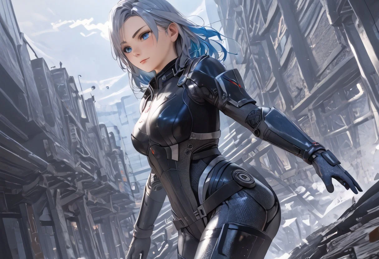 score_7_up,score_8_up,score_9 ((masterpiece,best quality,ultra detailed,highres,HD,4k:1.2) Amalee, long hair, blue hair, grey hair, blue eyes, bodysuit,armor,N7, Wide Shot, Dutch Angle, Anime,