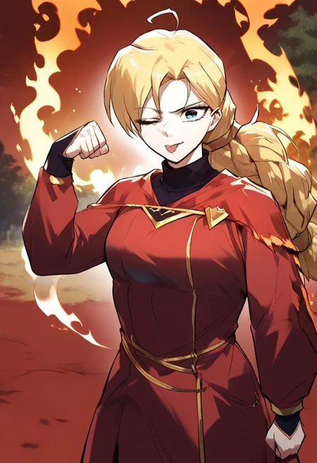 zPDXL3, score_9_up, score_8_up, score_7_up, (Anime_source), 1girl, KirilParreira, blue eyes, blonde hair, long hair, single braid, Kiril clothes, rainbow, tongue out, hand up, clenched hand, hand on own head, one eye closed, :p, ;P, cowboy shot, (fire, chaos, red theme, burned trees)