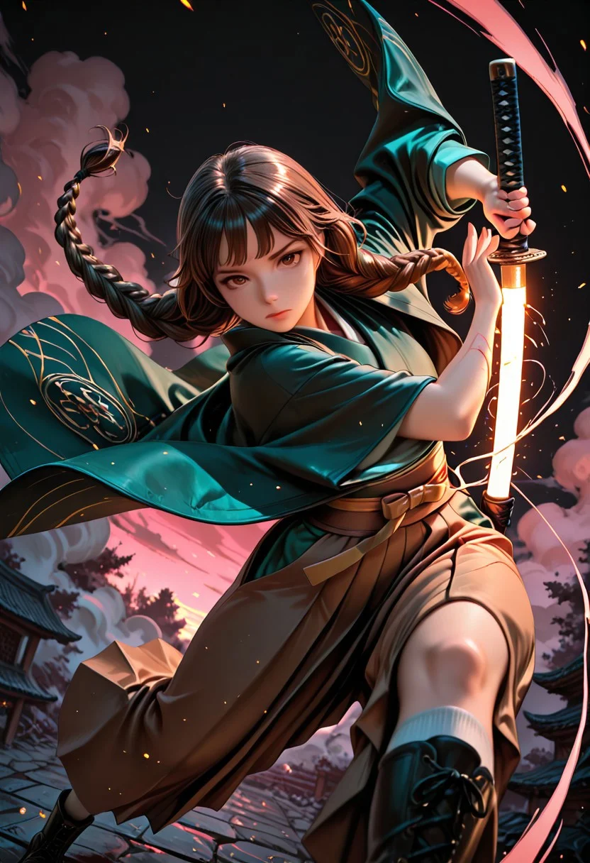 SmoothNoob_Quality, dynamic composition, 1girl, hand on katana, unsheathing, kimono, dark green kimono, Haori, reddish brown haori, Obi, sash, brown Hakama, long white socks, sandals, solo, brown hair, curly shoulder-length brown hair, front twin braids, looking at viewer, bangs, greyish-brown eyes, long hair, closed mouth, embers, black background, boots, dynamic pose, dutch angle,foreshortening, twilight, glowing, ink background, abstract background, bright colors, dark, pink theme, gray smoke, neon trim,