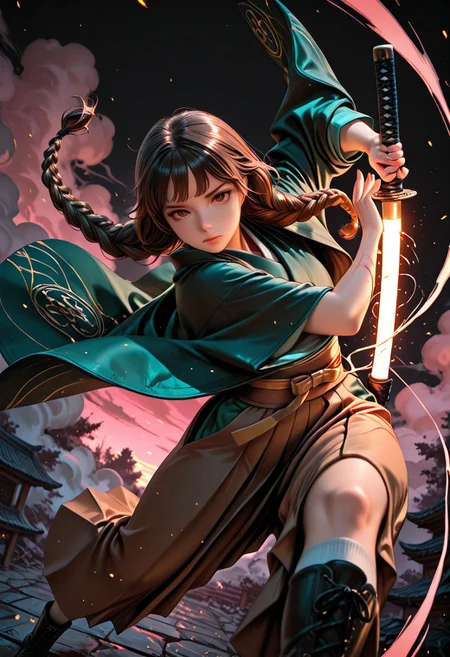 SmoothNoob_Quality, dynamic composition, 1girl, hand on katana, unsheathing, kimono, dark green kimono, Haori, reddish brown haori, Obi, sash, brown Hakama, long white socks, sandals, solo, brown hair, curly shoulder-length brown hair, front twin braids, looking at viewer, bangs, greyish-brown eyes, long hair, closed mouth, embers, black background, boots, dynamic pose, dutch angle,foreshortening, twilight, glowing, ink background, abstract background, bright colors, dark, pink theme, gray smoke, neon trim,