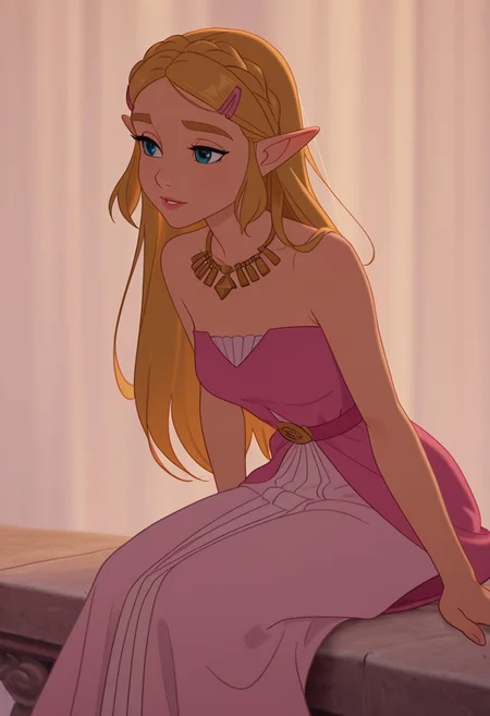 DisneyRenstyle, DISNEY_ANIMATION,
masterpiece, best quality, hyper-realistic, ultra-HD, luminous lighting, cinematic ambiance, shimmering gradients, ethereal glow, deep contrast, rich color tones, seductive atmosphere, captivating sensuality, Cinematic Lighting, Princess Zelda, blonde hair, pink princess dress, elf ears, blue eyes,
raytracing, volumetric lighting, ambient occlusion, Background, girl, solo, dress, sitting,leaning forward,