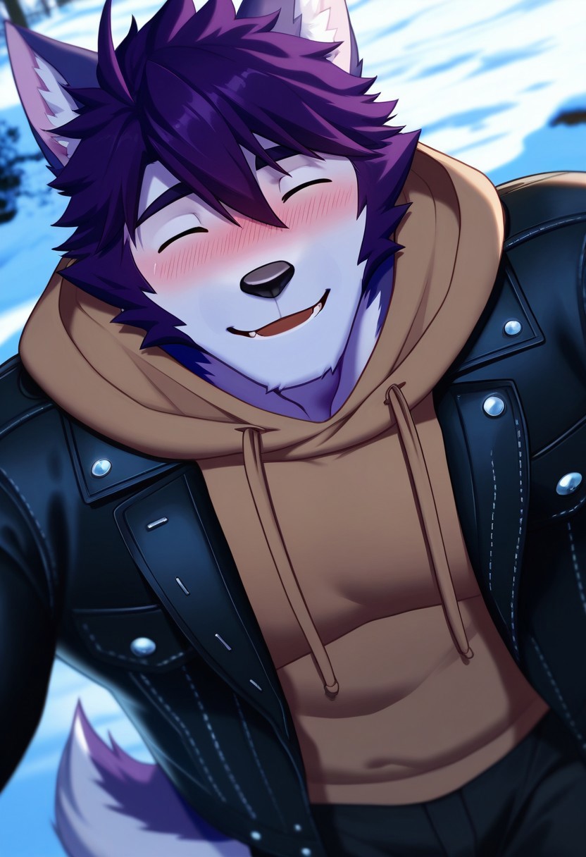 <lora:WalterAFCL:1>, walter, wolf boy, white fur, two-tone fur, blue eyes, perfecteyes, short hair, purple hair, wolf tail, mucualar, bara, athletic build, large pectorals, furry male, furry, solo, 1boy, beautiful, very aesthetic, hyper-detailed, depth of field, amazing quality, highres, high sharpness, dynamic angle, cinematic lighting, detailed background, outside, snow, brown hoodie, leather jacket, open jacket, black pants, close up, face focus, portrait, smile, ^_^, posing, blushing, mouth open