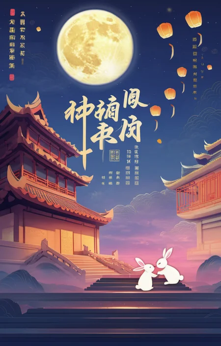 concept art masterpiece,best quality,<lora:zqhb-000009:0.8>,scenery,bunny,east_asian_architecture,full_moon,poster design,night_sky,border,say,put the mooncakes on the plate,there is a girl in the moon, . digital artwork, illustrative, painterly, matte painting, highly detailed