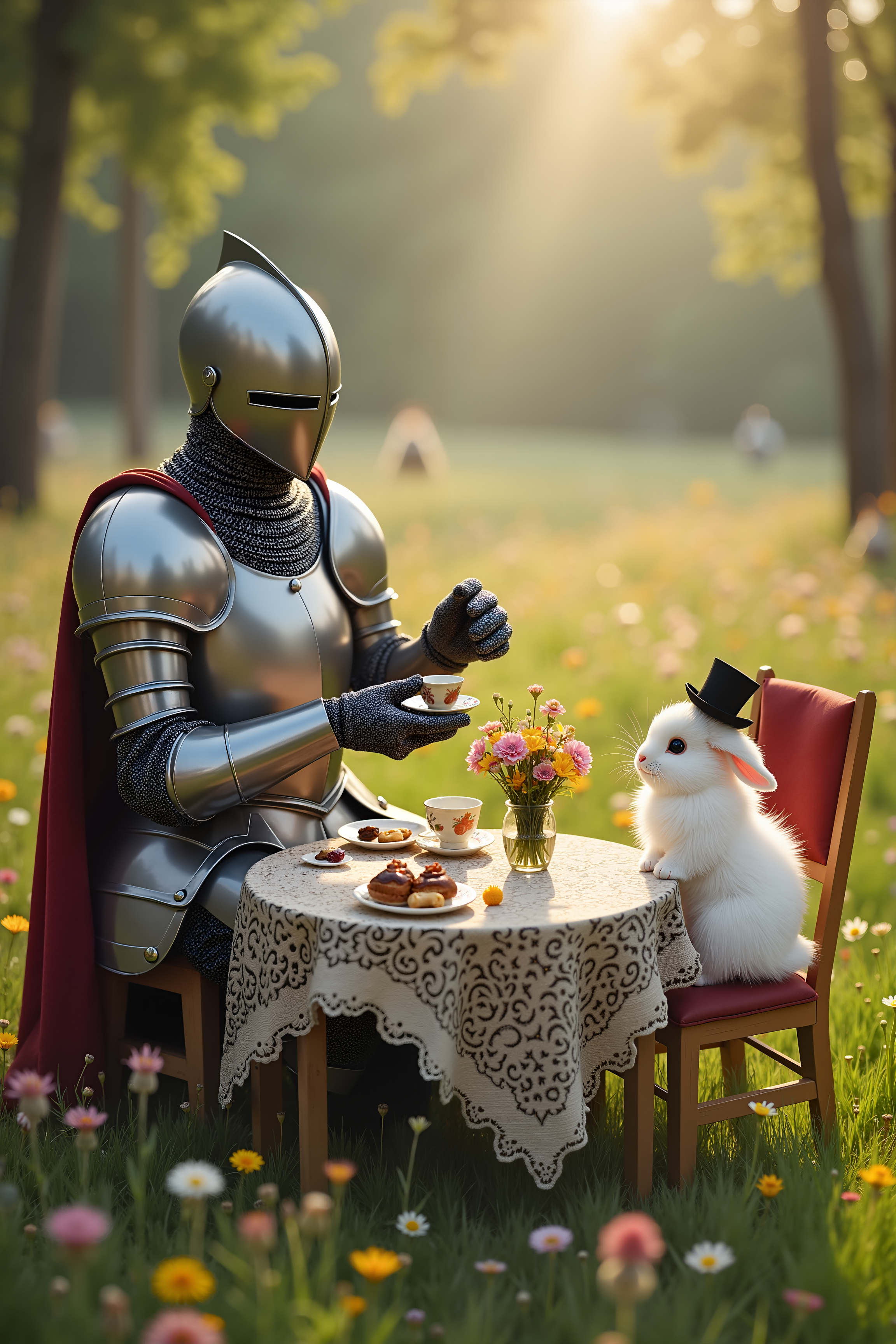 
A whimsical scene depicting a solemn knight in full, shining armor sitting at a small, dainty tea table in the middle of a sunlit meadow. The knight, helmet still on, is carefully holding a tiny, delicate teacup with one gauntleted hand, pinky finger awkwardly extended. Across the table, a fluffy white bunny with a miniature top hat is seated on a cushion, appearing to attentively listen as the knight "sips" the tea. The table is adorned with an ornate lace tablecloth, a vase of wildflowers, and an assortment of tiny pastries. The absurdity of the situation is heightened by the knight's rigid posture and the contrast between his imposing armor and the delicate tea set. In the background, the meadow is filled with colorful flowers, and a few curious woodland creatures peek from behind trees, adding to the whimsical charm of the scene. The lighting is soft and warm, enhancing the playful and lighthearted mood.