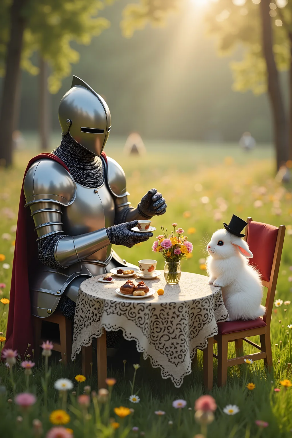 A whimsical scene depicting a solemn knight in full, shining armor sitting at a small, dainty tea table in the middle of a sunlit meadow. The knight, helmet still on, is carefully holding a tiny, delicate teacup with one gauntleted hand, pinky finger awkwardly extended. Across the table, a fluffy white bunny with a miniature top hat is seated on a cushion, appearing to attentively listen as the knight "sips" the tea. The table is adorned with an ornate lace tablecloth, a vase of wildflowers, and an assortment of tiny pastries. The absurdity of the situation is heightened by the knight's rigid posture and the contrast between his imposing armor and the delicate tea set. In the background, the meadow is filled with colorful flowers, and a few curious woodland creatures peek from behind trees, adding to the whimsical charm of the scene. The lighting is soft and warm, enhancing the playful and lighthearted mood.