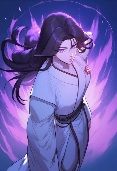 highly detailed, masterpiece, score_9,score_8_up,score_7_up, (manhwa artstyle), YooIseol, dark violet eyes, dark hair, long hair, martial art uniform, cowboy shot, looking at viewer, aura, full body