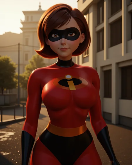-looking at viewer, outdoors daylight
photorealistic image of <lora:Incredibles_-_Helen_Parr_v2-000030:1> i-helen a white woman with large breasts, short brown hair and brown eyes,
Wearing a highly detailed Form-fitting red spandex bodysuit with black accents, featuring the iconic yellow "i" emblem on the chest. Black gloves, and a black eye mask complete the ensemble.
passport style upper body image
Highest quality, best quality, masterpiece. cinematic atmosphere. The lighting is soft yet dramatic. The film grain adds a tactile, grainy texture, enhancing the dreamlike quality of the scene.