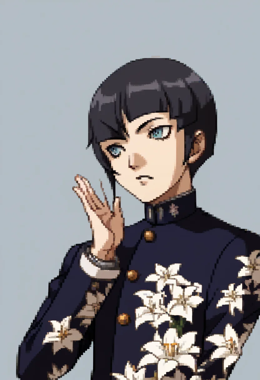 score_9, score_8_up, score_7_up, source_anime, BREAK ,solo, 1boy, <lora:P2-Protraits-pdxl_Fp:1>, portrait, simple background, <lora:SmtV-Protag-pdxl_Fp:1>, smtvprotag, bob cut, blunt bangs, black hair, blue eyes, school uniform, floral print, long sleeves, single sidelock, androgynous