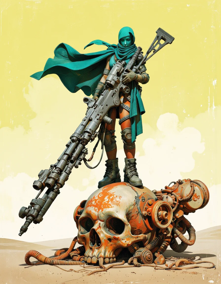 By Passcal Blanché. A digital illustration of a futuristic cyberpunk style character. The character stands on a large ornate skull base. The figure is partially draped in a flowing teal green cape that hides part of his face. The character is equipped with a large, bulky, futuristic weapon that resembles a cross between a rifle and a machine gun, held diagonally across his body. The weapon is detailed with multiple barrels and intricate mechanical components, suggesting advanced technology. The character's outfit includes heavy, armored boots, adding to the rugged, militaristic appearance.
The background is a gradient of yellow and beige, giving a warm, almost desert-like feel to the scene. The base of the skull is intricately designed with various mechanical parts, including gears, tubes, and wires, adding to the cyberpunk aesthetic. The overall color palette is dominated by shades of teal, green, and orange, with highlights of metallic silver and black, reinforcing the futuristic, high-tech theme. The image has a textured look. The composition is dynamic, with the character standing confidently and the weapon held at a dramatic angle. <lora:Pascal_Blanché:0.85>