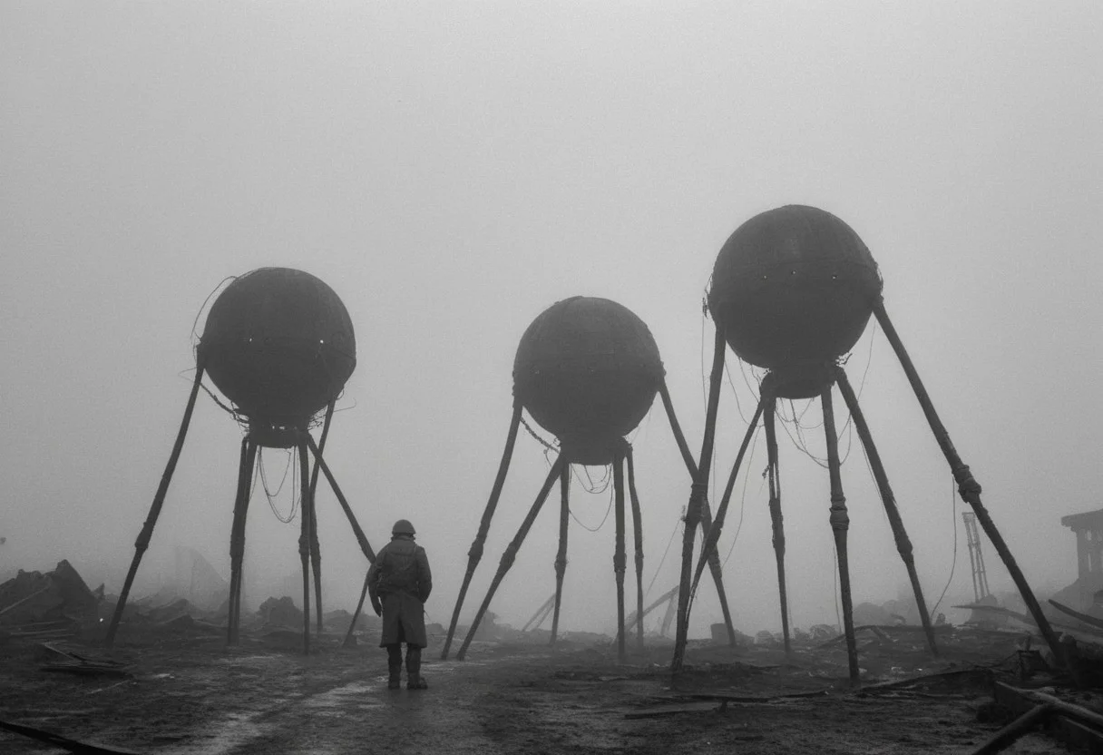 monochrome, black and white photo, old photo,blurry, low quality, old photo defects, world war 1, steam punk technology, automatons, battlefield, destroyed city,rubble, collapsed buildings, fires, artillery, Thick fog, strange shaped robots moving in the distance,massive machines in far distance,massive robots with 3 long legs ,spherical bodies,no arms, antenna, wires, consistent design,three lights ,cylindrical object protruding from the body with 3 lights on its front, looking at viewer, scary, damaged robots, trench warfare, no mans land, small humans, large robots, art style of simon stalenhag