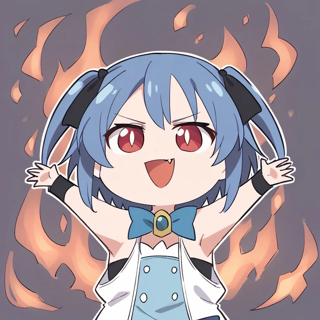 <lora:sumirehiyamafrostiapony:1>
1girl, solo, sumirefrostia, mahoutouki, short hair, two side up, blue hair, red eyes, white pupils, open mouth, smile, fang, upper body, arms up, fire, outstretched arms, upper Body, burning, chibi