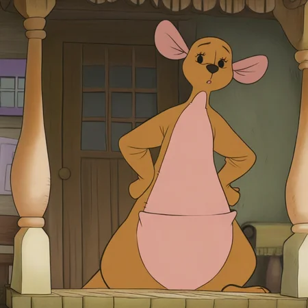 masterpiece, best quality, amazing quality, WtPKangail, semi-anthro, female, kangaroo, brown fur, black eyes, standing, outside, house, porch, hands on hips