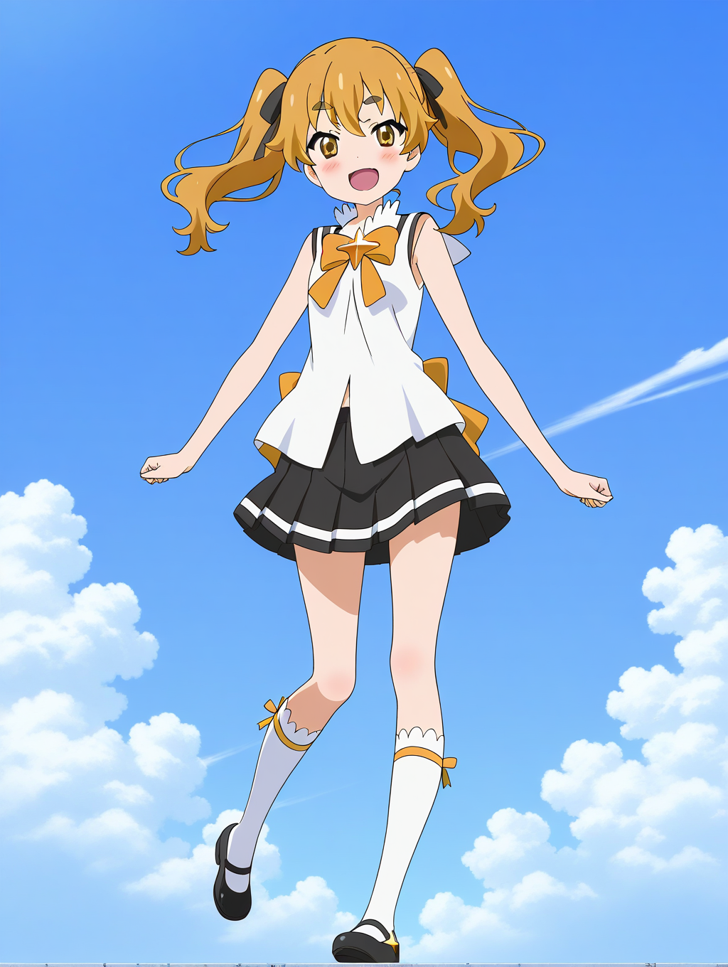 general,highres, ultra-detailed,very aesthetic,best quality ,best hands,  BREAK  <lora:Hikaru_Houkago_no_Pleiades_IS:1> Hikaru(Pleiades), 1girl,solo, twintails, blonde hair, yellow eyes,long hair, hair ribbon, 
thick eyebrows, anime coloring,
skirt,  open mouth, mary janes, pleated skirt, full body, socks, looking at viewer, ribbon, 
shoes, white socks, school uniform, smile, sleeveless, black skirt, kneehighs, standing, black ribbon, black footwear, standing on one leg, sleeveless shirt, blush, brown eyes, :d, shirt, bow
sky, cloud,