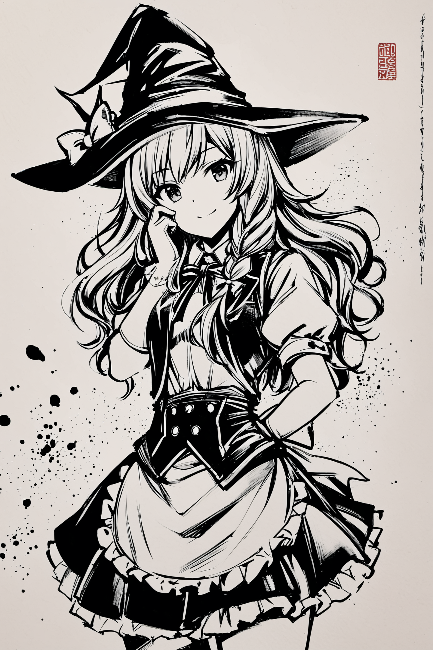 monochrome,greyscale,1girl,solo,kirisame marisa,hat,long hair,gloves,braid,witch hat,star (symbol),bow,looking at viewer,short sleeves,single braid,white gloves,puffy sleeves,hat bow,puffy short sleeves,apron,side braid,vest,cowboy shot,black headwear,dress,closed mouth,frills,smile,skirt,adapted costume,waist apron,hair bow,hand on own face,ribbon,bowtie,shirt,
<lora:okazu_XL:0.9>,