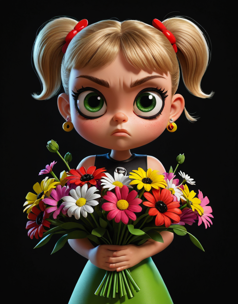 Cartoon style of the powerpuff girls, girl with a bouquet of flowers, angry face, black background, high contrast, hyper-realistic