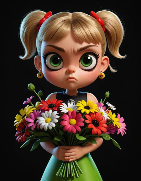 Cartoon style of the powerpuff girls, girl with a bouquet of flowers, angry face, black background, high contrast, hyper-realistic