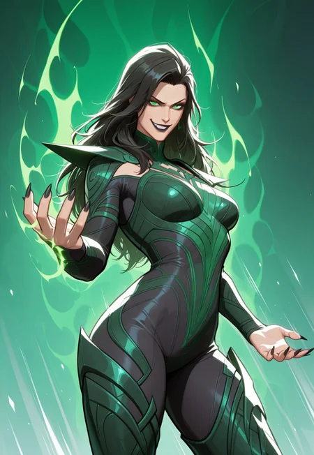 safe_pos, (score_9, score_8_up:1.1), score_7_up, 8k, masterpiece, high quality, extremely detailed, MarvelRivals, semi realistic, cartoon, <lora:AMarvelRivals_style-06:1>, <lora:HelaOdinsdottirNoobXL_byKonan:1>, 1girl, solo, helaodinsdottir, black hair, long hair, green eyes, black lips, bodysuit, sharp nails, black nails, thigh heels boots, cold soft lighting, shiny skin, perfect reflection, perfect lighting, perfect shadows, perfect anatomy, perfect chest, perfect hips, perfect legs and feet, perfect hands, perfect face, perfect eyes, perfect waist, perfect body, perfect face shape, perfect mouth, perfect hair, perfect waist, best quality, detailed hair, expressive eyes, sexy, long legs, slim body, (asgard, norse mythology background,) fighting stance, attack pose, action scene, motion lines, evil grin, smirk, looking at viewer, side view, dutch angel, green aura, green energy, cowboy shot,