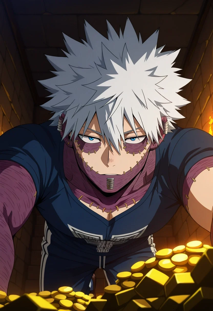 masterpiece, best quality, , anime screencap, anime coloring, official style, looking at viewer, 1boy, solo, male focus, <lora:dabi_bnha_ilxl:0.92>, dabi_bnha, white hair, blue eyes, short hair, spiked hair, hair between eyes, messy hair, bangs, scar, burn scar, scar on face, piercing, ear piercing, stitches, , dragon roost, sleeping dragons, treasure pile, steam vents, sneaking pose, cautious expression, dim lighting, Track pants, Batik Muscle T-shirt, Loafers, ,