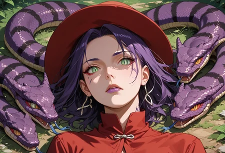 score_9, score_8_up, score_7_up, (best quality), absurdres, source_anime, 1,Naruto_Manda, snake, slit pupils, green eyes, purple body, body markings, black eye markings, 2 pair of horns, black belly scales, blue tongue, forked tongue, lying flat on the ground, ch2_v1, red dress, red hat, looking confused, view from the side, easynegative, sn4k3h41r, snake hair,ng_deepnegative_v1_75t