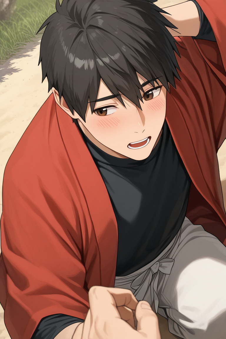 realistic shading, natural lighting, male focus, looking away, expressive face, doujouts, brown_doujouts_eyes, black_doujouts_male hair, 1boy, open mouth, slight blush, shy, one hand behind head, shiny skin, one knee kneeling, one knee up, holding handpov, holding viewer hand, romantic, summer theme, japanese clothes, cosplay, red hanten, undershirt, pants, sand, grass, shadow, tree, from above, dutch angle, dynamic angle, intricately detailed illustration, depth of field, masterpiece, best quality, amazing quality, very aesthetic, absurdres, newest, anime screencap