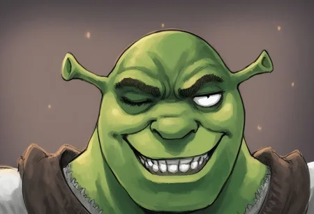 score_9, score_8_up, score_7_up, portrait, beautiful, dramatic lights , blank eyes, dontstarvestyle, BREAK, 1boy, shrek, green skin, Berserkface. thatgutsface. smile. teeth. one eye closed. evil smile. grin.