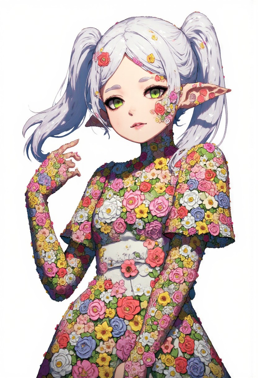Picture of Frieren in anime style, elf with pointy ears, green eyes white hair and twintails, made of flowers, with flower pattern all over the Frieren character, the entire picture is made of various flowers
