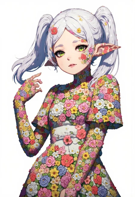 Picture of Frieren in anime style, elf with pointy ears, green eyes white hair and twintails, made of flowers, with flower pattern all over the Frieren character, the entire picture is made of various flowers