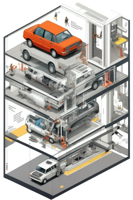 <lora:Isometric Cutaway:1>,Isometric Cutaway - An Image illustrating the instructions for the installation of lift vehicles. The background shows the lift vehicle installation scene, accompanied by illustrations or pictures that demonstrate the correct installation steps. The accompanying text instructions are presented in a clear and understandable manner, helping users to easily complete the installation of the lift vehicle.