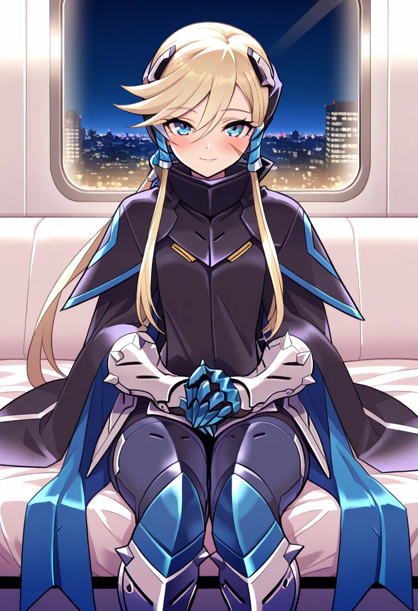 masterpiece, best quality, <lora:blade:1>, g.v.blade, blue eyes, headgear, scar on face, bangs, cape, gauntlets, armor, armored boots, upper body, sitting on bed, looking at viewer, light smile, blush, indoors, (white wall:1.2), train interior, cityscape, night