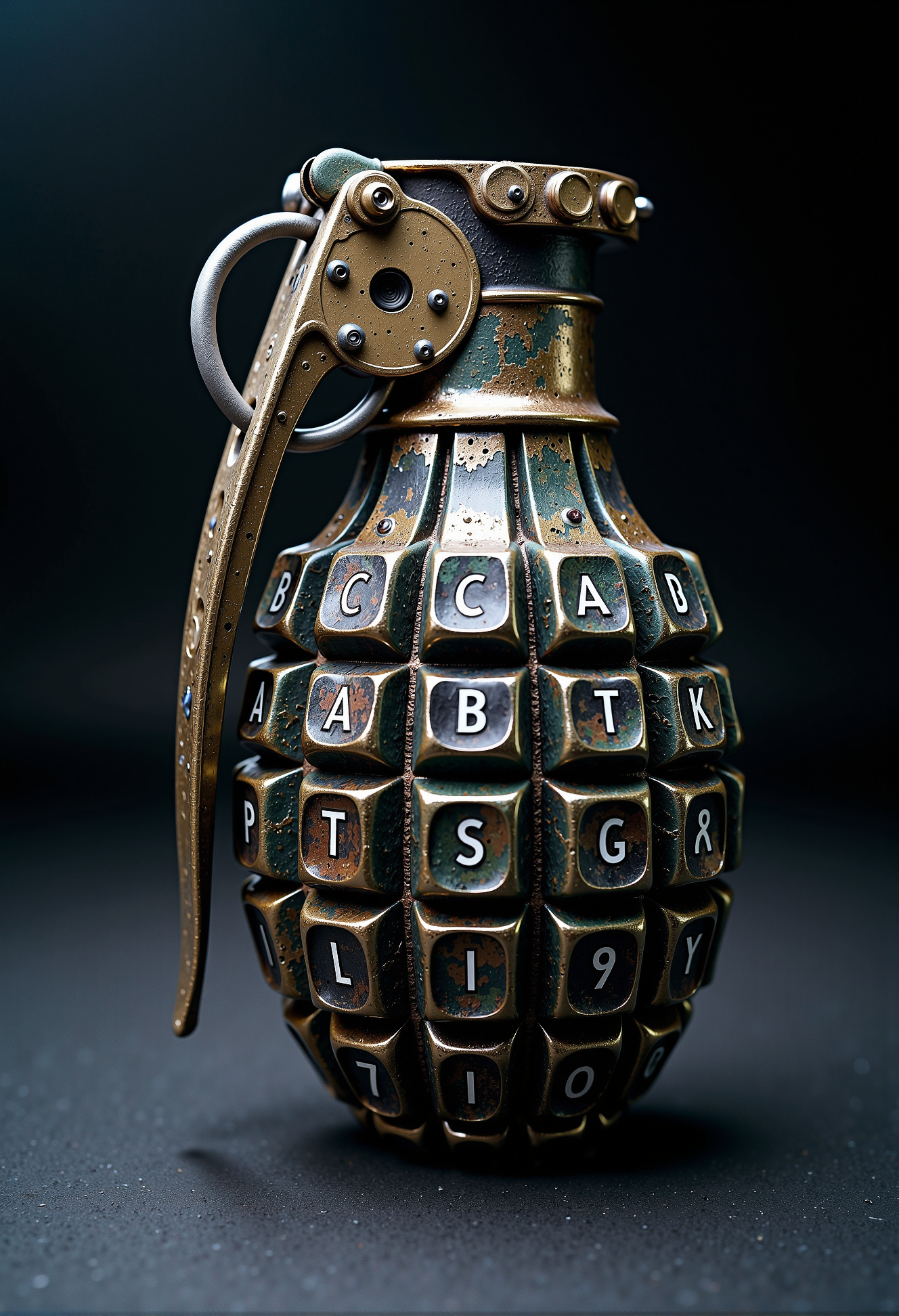 A surreal and thought-provoking depiction of an 'Ananas-Granate,' a traditional hand grenade reimagined with its textured surface made entirely of keyboard keys. Each key is intricately detailed, featuring a letter or a number, creating a striking blend of technology and weaponry. The grenade is shown in a studio-lit setting with soft shadows and a high-contrast background, emphasizing its unusual composition. The keys appear slightly worn, suggesting prior use, while the metallic pin and lever remain true to the original design. The scene carries a subtle, reflective tone, inviting contemplation on the convergence of destruction and digital culture. <lora:MysticFantasy.safetensors:0.4>,  <lora:aiai-Glimra-Flux-Dev-v2.safetensors:0.5>,