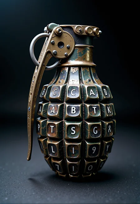 A surreal and thought-provoking depiction of an 'Ananas-Granate,' a traditional hand grenade reimagined with its textured surface made entirely of keyboard keys. Each key is intricately detailed, featuring a letter or a number, creating a striking blend of technology and weaponry. The grenade is shown in a studio-lit setting with soft shadows and a high-contrast background, emphasizing its unusual composition. The keys appear slightly worn, suggesting prior use, while the metallic pin and lever remain true to the original design. The scene carries a subtle, reflective tone, inviting contemplation on the convergence of destruction and digital culture. <lora:MysticFantasy.safetensors:0.4>, <lora:aiai-Glimra-Flux-Dev-v2.safetensors:0.5>,