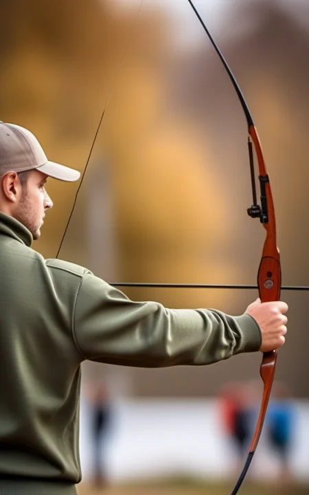 realistic photo, recurve bow, athletic 1person, standing, recurve bow \(weapon\), holding bow \(weapon\), drawing recurve bow, archery, plain background in the style of <lora:bow01_xl:1>, restore face, open eyes