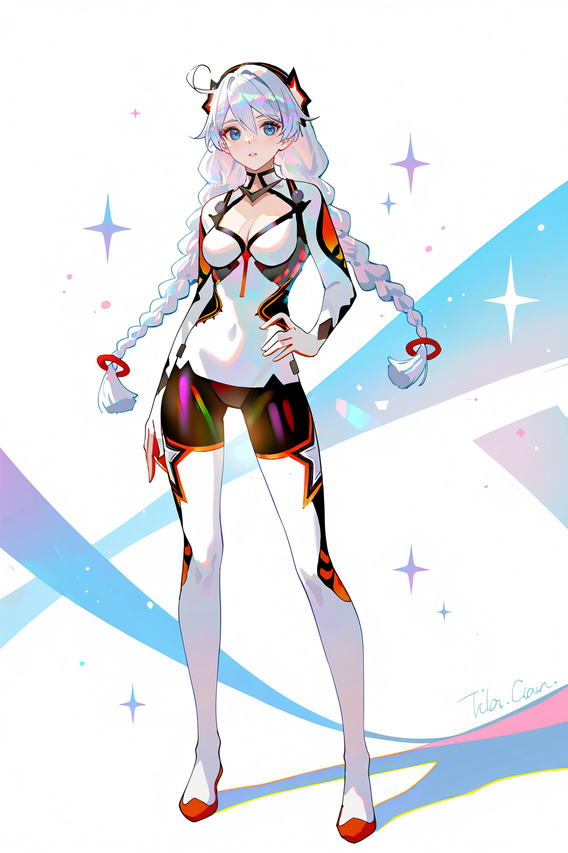 8k, best quality, masterpiece, (ultra-detailed), (high detailed skin), 
((artist:reoen),(artist:fuzichoco),(artist:atdan),(artist:torino_aqua),year 2024:0.8)1girl, [artist:wlop], [artist:ningen_mame], artist:ciloranko, [[artist:rhasta]], artist:tidsean, colorful, detailed light, light leaks, sunlight, bokeh, blurry foreground, ray tracing, lens flare, cinematic lighting, 
full body, full shot, standing, looking at viewer, (solo:1.2), simple background, (white background:1.2), hand on own hip, (white background:1.1), 
<lora:kiana-young-noob-Tanger:0.8>, 
kiana kaslana, White Comet, White Comet white bodysuit, 1st clothes, 1girl, blue eyes, braid, long hair, twin braids, white hair, bangs, breasts, bodysuit, 
A full-body portrait of a young girl, standing gracefully, pastel art style, high-key lighting, shoujo manga influence, hd quality, delicate details,