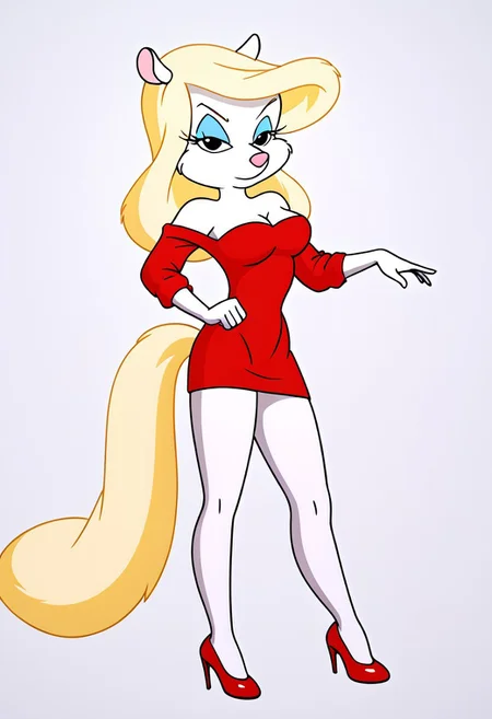 minerva mink, 1girl, blue eyeshadow, eyelashes, furry female, mouse girl, pink nose, snout, blonde hair, animal ears, bare shoulders, red dress, white fur, body fur, animal nose, off shoulder, white skin, long hair, medium breasts, black eyes, long sleeves, off-shoulder dress, makeup, cleavage, short dress, strapless dress, legs, short sleeves, collarbone, colored skin, red sweater, pencil dress, fox tail, Full body, red high heels, Epic Pose, posing heroically, Serious pose, Warrior Pose, Standing
