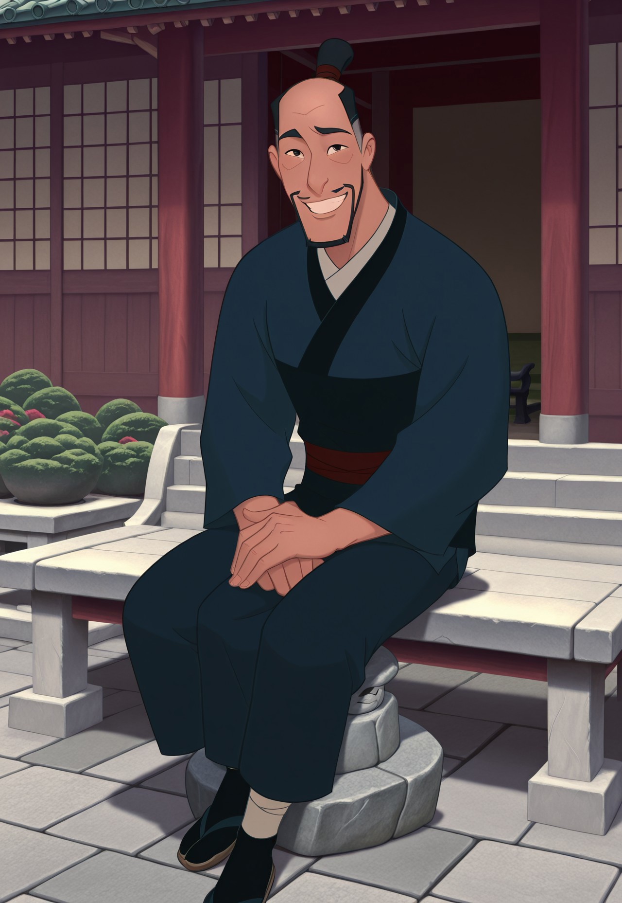solo, masterpiece, detailed, ultra hd, best quality, 1boy, male, official art, w0lfc0nf, modern, new

DisneyFaZhou, black hair, facial hair, beard, topknot, japanese clothes, sitting on stone bench, looking at viewer, smiling, japanese garden