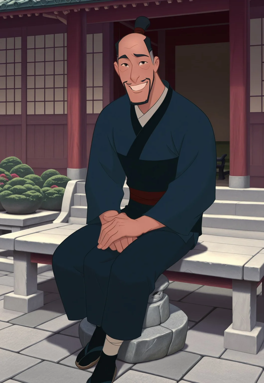 solo, masterpiece, detailed, ultra hd, best quality, 1boy, male, official art, w0lfc0nf, modern, new
DisneyFaZhou, black hair, facial hair, beard, topknot, japanese clothes, sitting on stone bench, looking at viewer, smiling, japanese garden