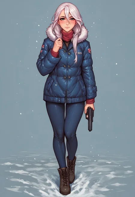 score_9, score_8_up, score_7_up, BREAK,
1 girl, portrait, winter jacket with fur hood, long hair, winter, snowfall, 1girl solo, white hair, looking at viewer, bangs, day, blue sky, hair between eyes, outdoors, blush dramatic lights, relax, ((long big pistol in hands, handgun in hands)) 
(((full-clothed))),
BREAK 
(lane background:1.5) score_9, score_8_up, score_7_up, score_6_up, source_cartoon, rating_explicit, Expressiveh, (((((full body))))), dynamic pose