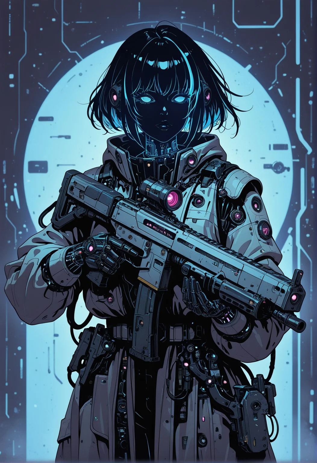 <lora:ck-shadow-circuit-IL:0.65>,
masterpiece, best quality, good quality, very aesthetic, absurdres, newest, 8K, depth of field, focused subject,
in the style of cksc, whimsical ghostly woman hkbeauty, trigger discipline, otherworldly sci-fi weapon rifle,
<lora:MoriiMee_Gothic_Niji_Style_Illustrious_r1:0.50>
<lora:ck-nc-cyberpunk-IL-000011:0.6>
timewarp, warphole, nistyle Incorporate dynamic lighting with glowing accents and sharp highlights, emphasizing a polished, high-tech appearance. Backgrounds should feature bold, geometric patterns or abstract digital elements, such as grids, streaking lines, creating a sense of motion and energy. Surfaces should appear reflective or metallic, with fine attention to detail in textures and shadows. The composition should feel cinematic and intense, with a focus on clean, precise lines and a sense of technological sophistication.
<lora:ck-neon-retrowave-IL:0.2>