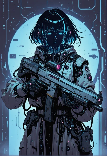 <lora:ck-shadow-circuit-IL:0.65>, 
masterpiece, best quality, good quality, very aesthetic, absurdres, newest, 8K, depth of field, focused subject,
in the style of cksc, whimsical ghostly woman hkbeauty, trigger discipline, otherworldly sci-fi weapon rifle,
 <lora:MoriiMee_Gothic_Niji_Style_Illustrious_r1:0.50> 
<lora:ck-nc-cyberpunk-IL-000011:0.6>
 timewarp, warphole, nistyle Incorporate dynamic lighting with glowing accents and sharp highlights, emphasizing a polished, high-tech appearance. Backgrounds should feature bold, geometric patterns or abstract digital elements, such as grids, streaking lines, creating a sense of motion and energy. Surfaces should appear reflective or metallic, with fine attention to detail in textures and shadows. The composition should feel cinematic and intense, with a focus on clean, precise lines and a sense of technological sophistication.
 <lora:ck-neon-retrowave-IL:0.2>
