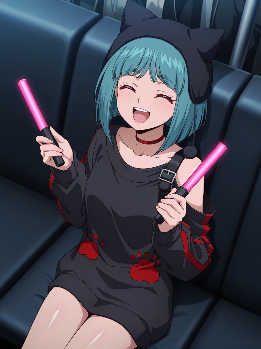 masterpiece, best quality, amazing quality, very aesthetic, absurdres, newest,shiny skin,  anime screenshot, anime coloring,  cardfight!! vanguard,  <lora:YunaSaionji:1>yunasaionji, 1girl, solo, short hair, blue hair,  choker, bangs, red choker, aqua hair, thick eyebrows,  , cat hat ,  holding glowstick,  closed eyes,  smile, open mouth,  black sweater, sitting crowd, dutch angle,  from above,